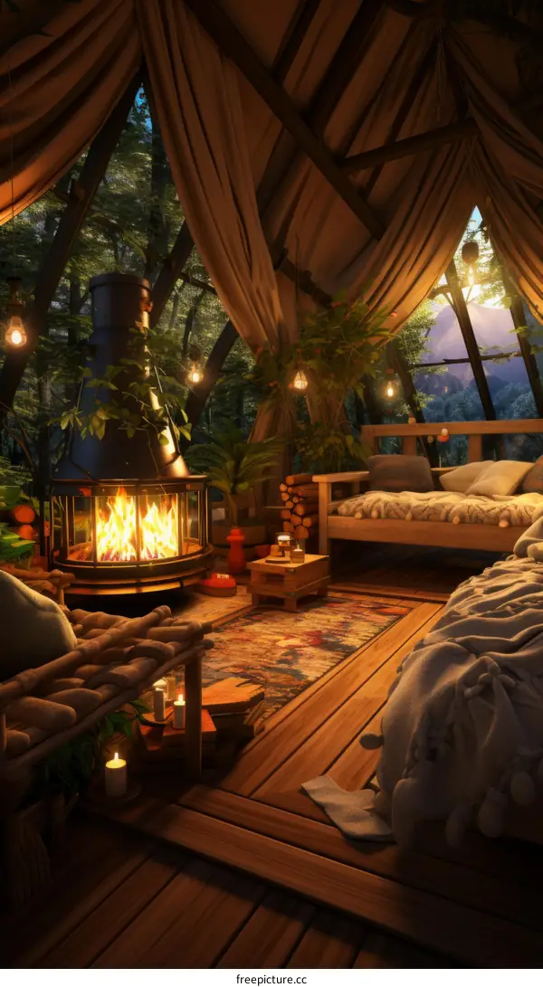 Cozy cabin in the woods with fireplace and fairy lights