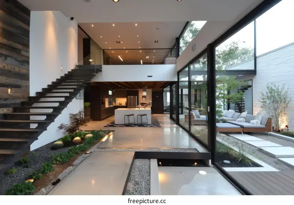 Modern house interior with open floor plan and large windows
