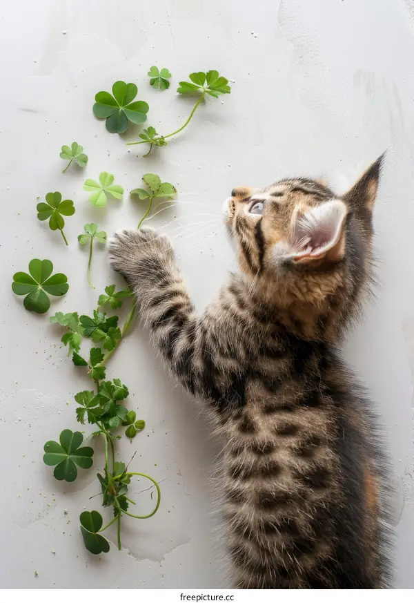 A Curious Kitten Playing with Four-Leaf Clovers