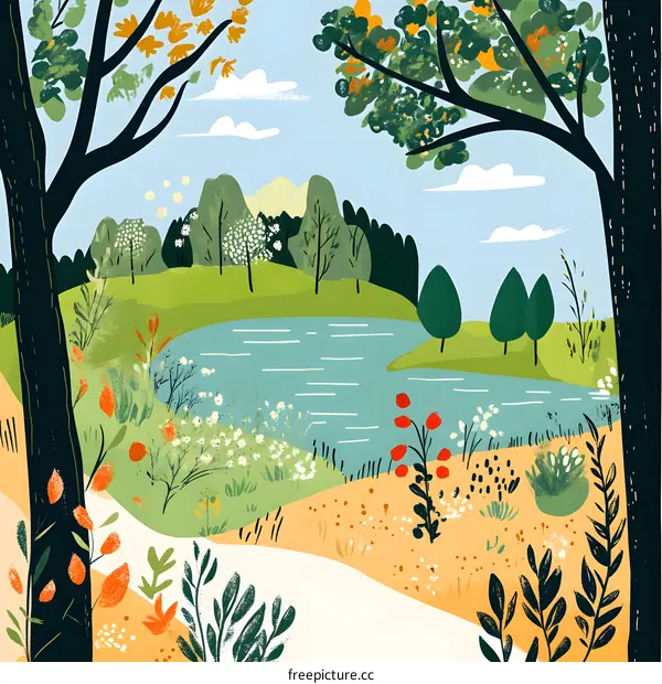 Springtime Landscape Illustration with Flowers and Lake