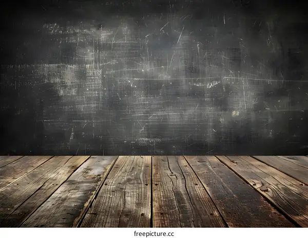 Dark Wooden Plank Floor with Black Scratched Wall Background