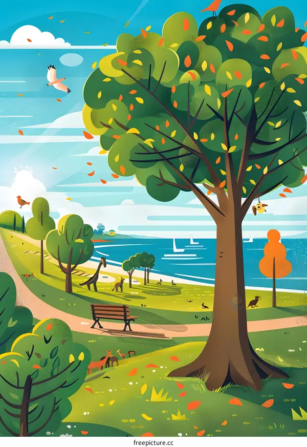 Autumn Landscape with Green Tree and Sea in the Background