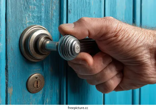 Vintage Door Handle Being Turned by Hand