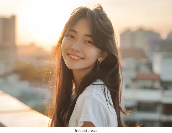 Portrait of a Smiling Young Asian Woman in the Sunset