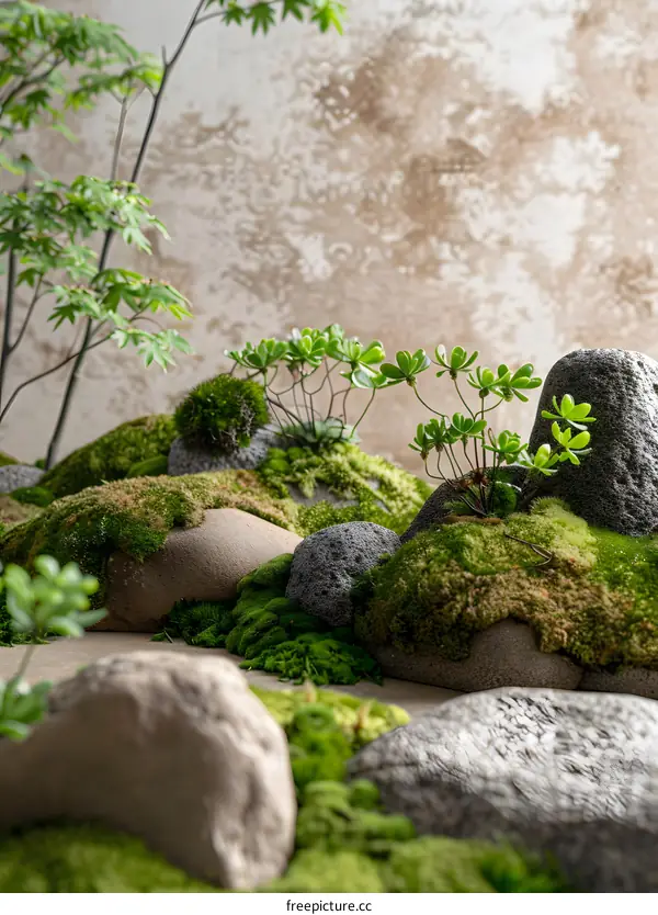 Closeup Of Green Moss And Rocks In A Zen Garden
