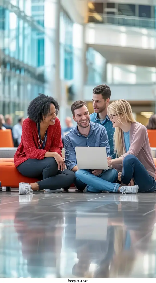 A group of people sitting on the floor and looking at a laptop