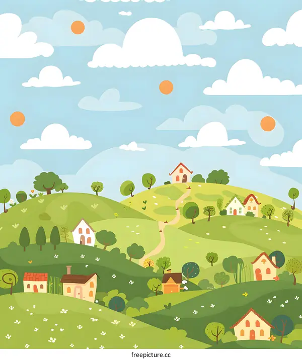 Cartoon Illustration of a Village in a Green Valley