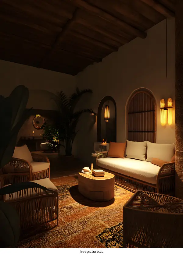 Cozy and Warm Living Room Interior Design with Rattan Furniture