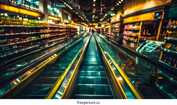 Escalator in a Supermarket with Blurred Shelves