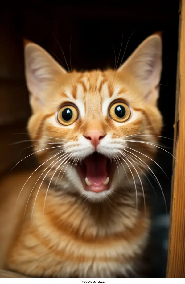 A ginger cat with wide open mouth and round eyes