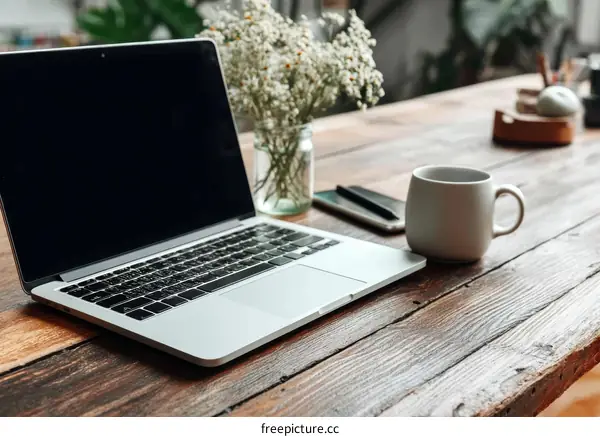 Modern Wooden Desk Workspace with Laptop
