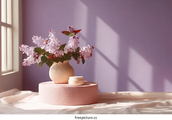 Lilac Bouquet and Skincare Product Display