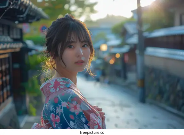 Asian Woman in Traditional Japanese Kimono in a Street Scene