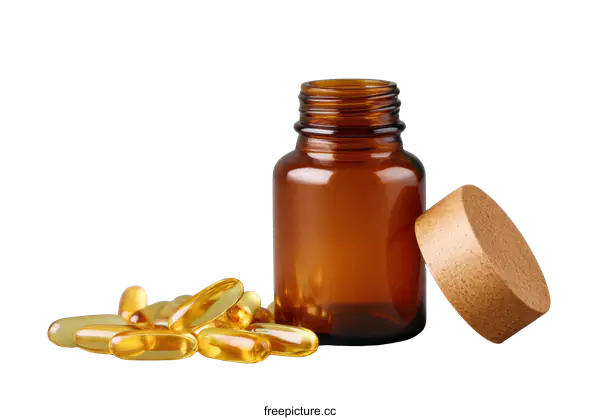 [Transparent Background PNG]Amber Glass Bottle with Fish Oil Capsules