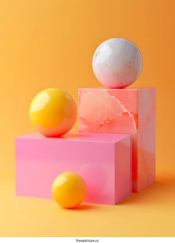 3d rendering of pink and yellow spheres on podiums