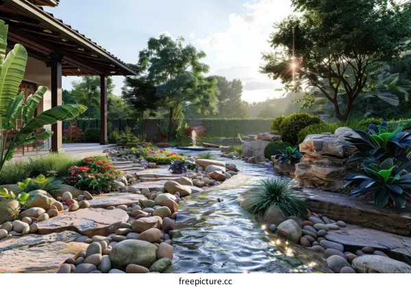 Tropical Garden with Pebble Stream Landscaping