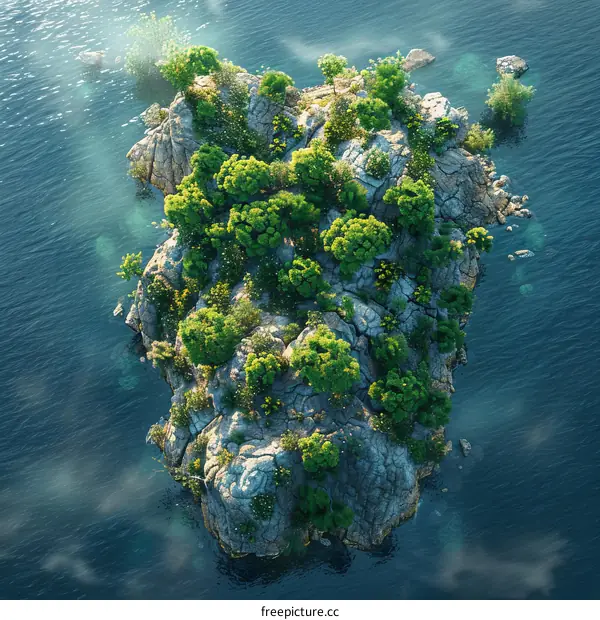 Small rocky island with green vegetation in the middle of the ocean