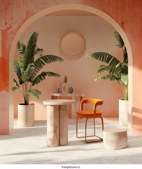 Orange Chair in Tropical Interior Design with Archway