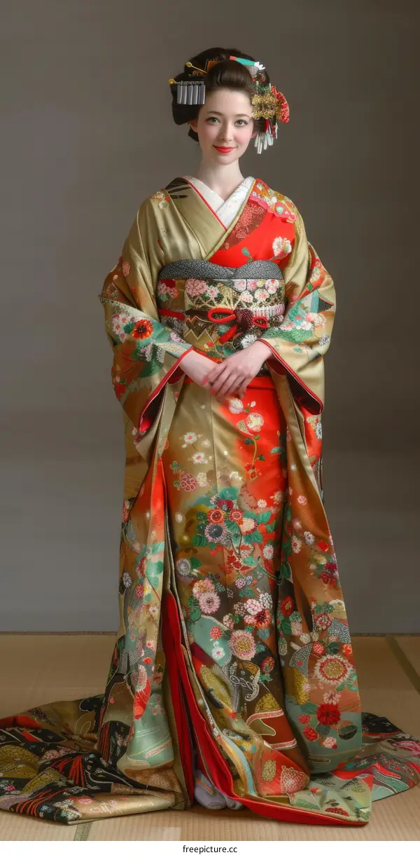 A Woman Wearing a Traditional Japanese Kimono