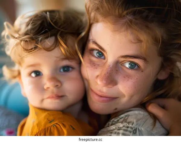 A mother and her child are looking at the camera and smiling.