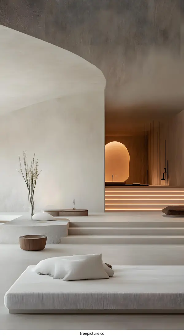 Minimalist Interior Design with Curved Ceiling and Wooden Bench