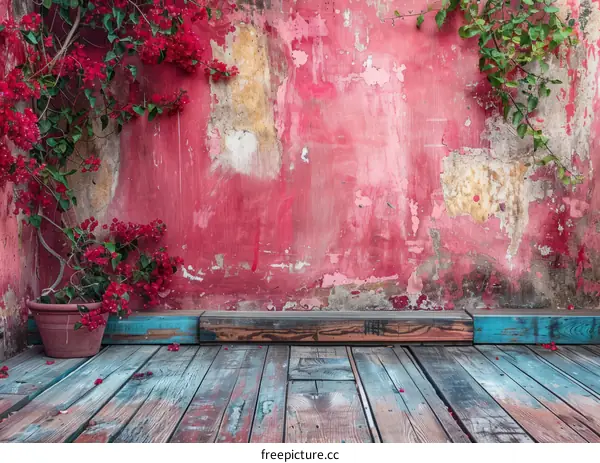 Vintage Peeling Pink Wall with Purple and Yellow Flowers