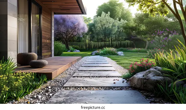 Modern House Exterior Garden Pathway Illustration