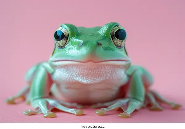 A Green Tree Frog on a Pink Background