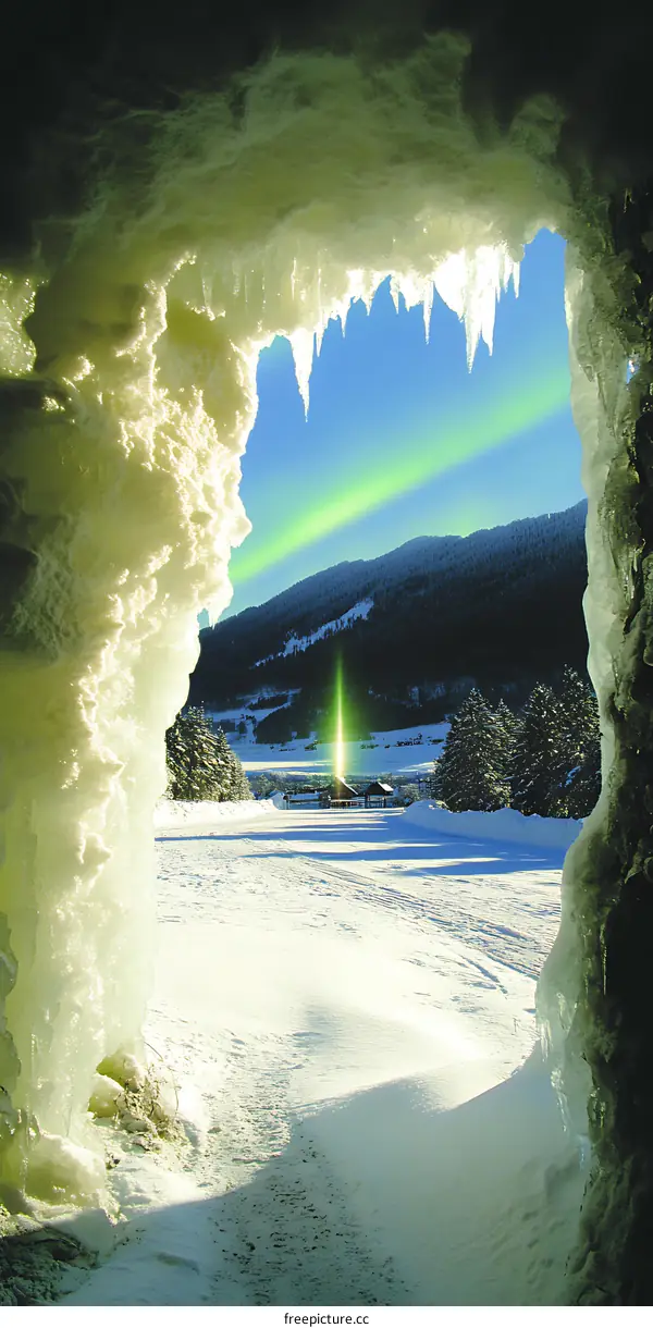 Ice Cave View of Snow Covered Landscape and Green Aurora Borealis
