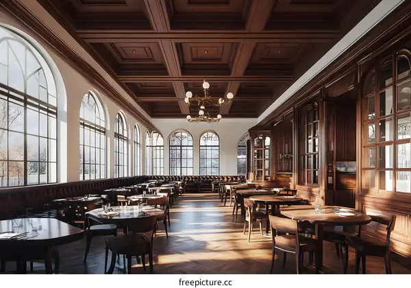 Modern Restaurant Interior Design With Wooden Ceiling And Large Windows