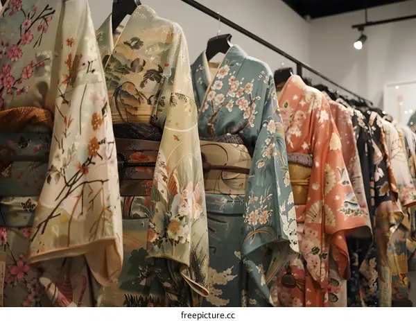 A rack of colorful kimono with floral patterns.