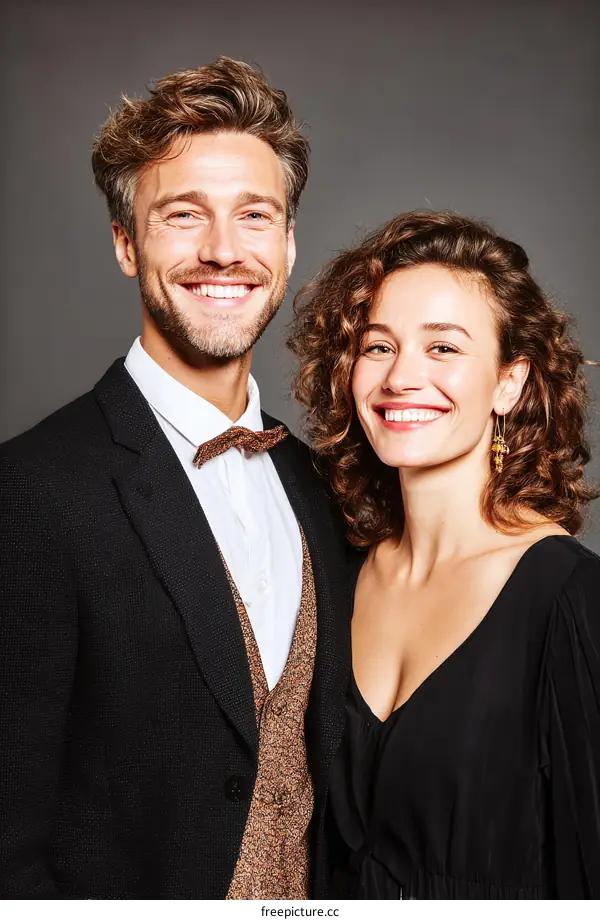 Formal Couple Portrait Against Gray Background