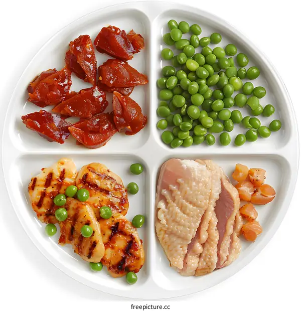 Grilled Chicken with Peas, Salmon and Sweet Potato