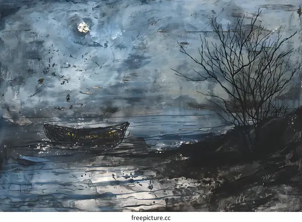 Night Landscape With Boat And Moon