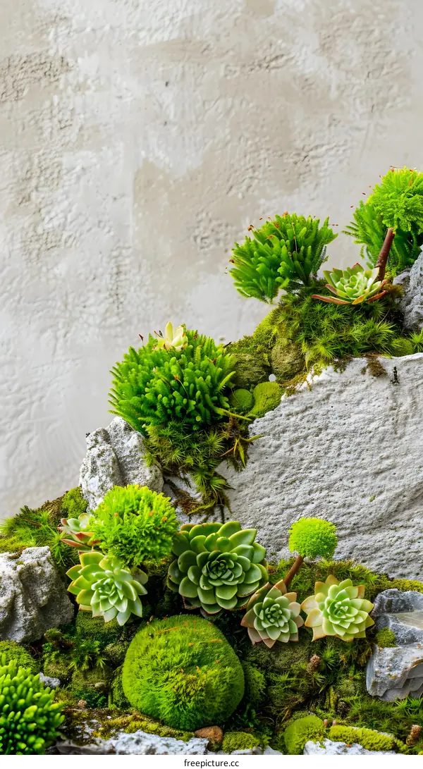 Green Moss and Succulents on a Stone Wall