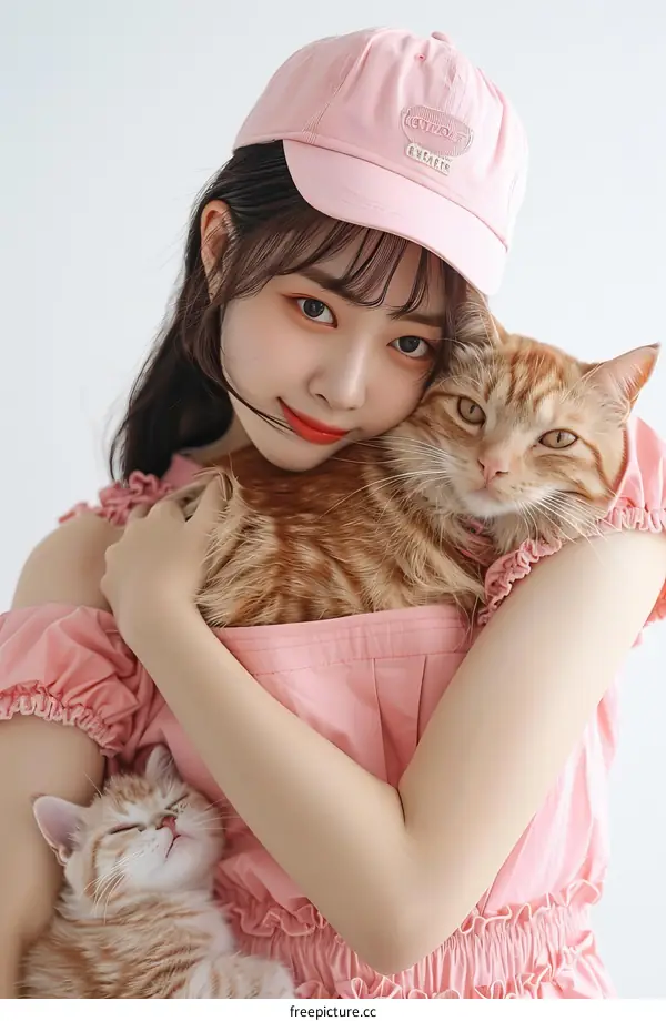 A young woman in a pink dress is hugging two cats.