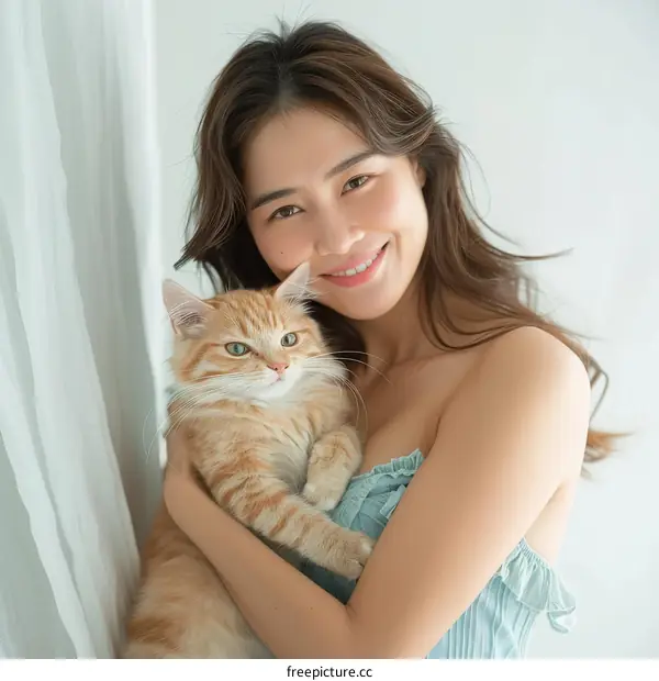 A smiling woman is hugging an orange cat