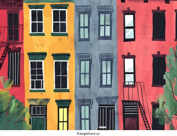 Colorful Row Houses with Windows and Doors