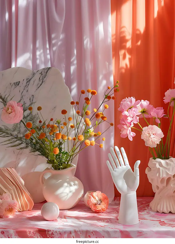 Pink and Orange Still Life with Flowers and Hand