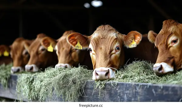 Cows Feeding in a Barn