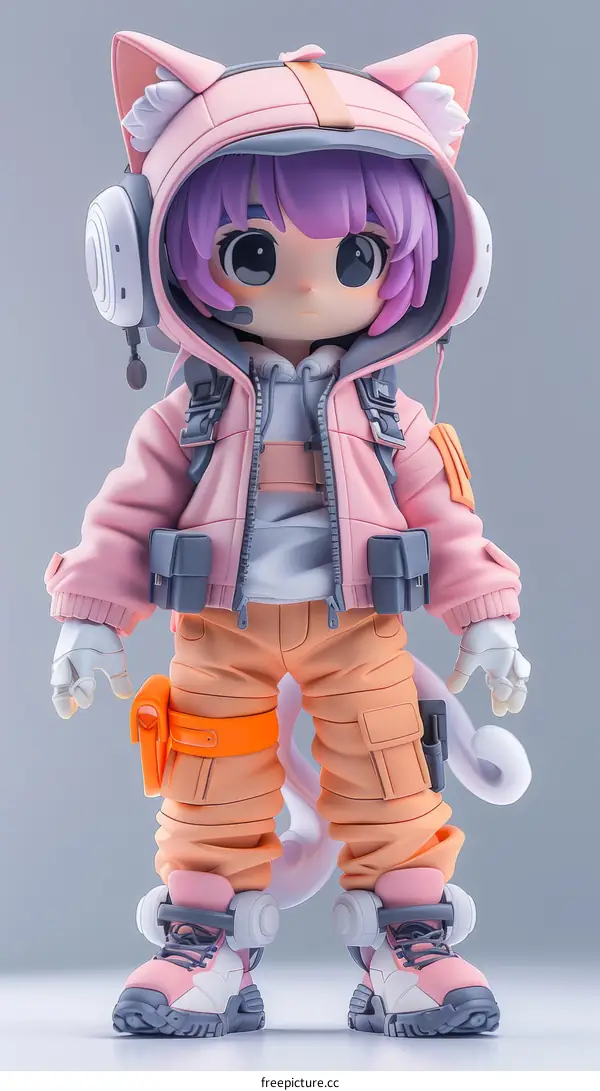 Cute 3D Anime Girl in Pink and Orange Hoodie with Cat Ears