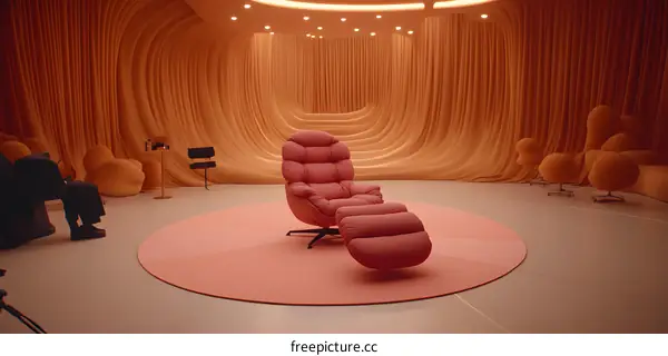 Modern Minimalist Orange and Pink Interior Design with a Comfortable Armchair and Ottoman