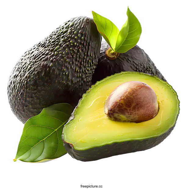 [Transparent Background PNG]Fresh avocado with leaves