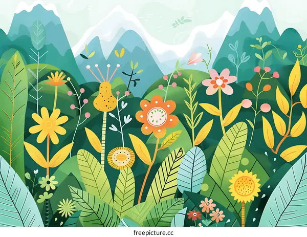 Colorful Floral Pattern in Green Landscape With Mountain Background