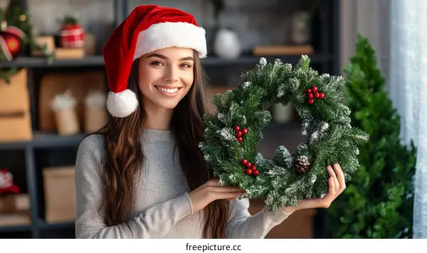 Woman Holding Christmas Wreath in Festive Setting