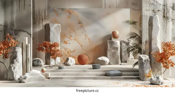 Geometric Art Installation with Rocks and Plants