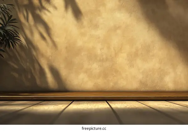 Empty Wooden Shelf Against Beige Wall with Plant Shadow