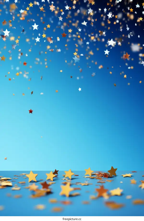 Blue background with gold and silver stars falling