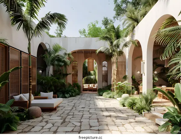 Courtyard with tropical plants and stone floor