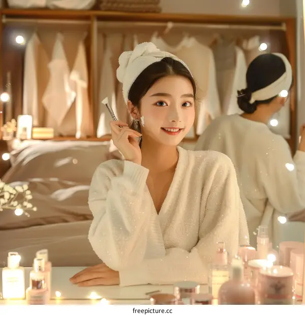 Asian woman applying facial mask at home